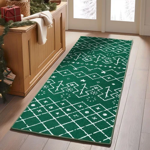 Vista 8 de COLLACT Alfombra de pasillo de Navidad de 2 x 10 pies, color verde sobre crema, alfombra de camino de árbol de Navidad, alfombra lavable, alfombra