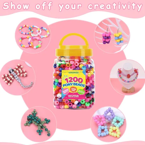 Vista 7 de Cuentas de pony a granel para pulseras, 1200 piezas multicolor + 200 limpiadores de tuberías, hacer cuentas a granel para trenzar el cabello