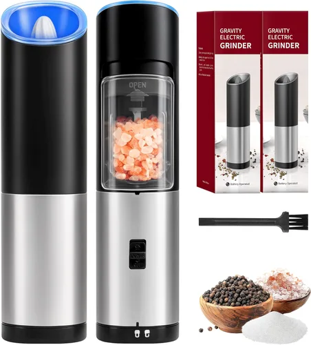 Vista 10 de Juego de molinillo eléctrico de sal y pimienta de 2 piezas - Molinillo automático de sal y pimienta, grosor ajustable, luz LED, operación con una