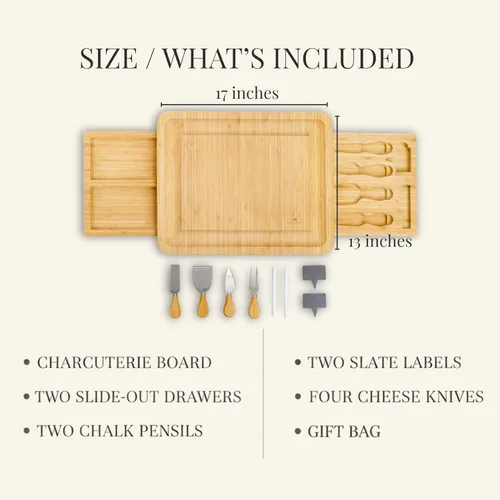 Vista 5 de Juego de tablas de charcutería personalizadas con dos cajones, tabla de queso de bambú grabada personalizada, Navidad, boda y regalo de inauguración