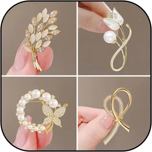 Vista 132 de 4 piezas de clip de anillo de bufanda para mujer, broche de perlas y flores, hebilla de metal para chal, accesorios de decoración para damas y niñas