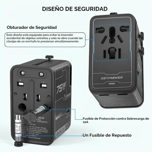 Vista 7 de Adaptador de viaje universal 75W GaN, adaptador de corriente internacional