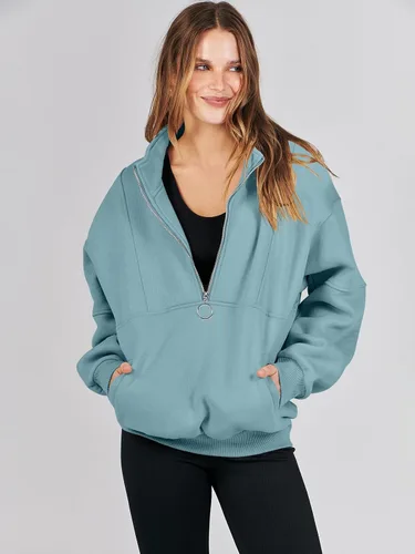 Vista 7 de ANRABESS Sudaderas de forro polar con media cremallera para mujer, de gran tamaño, con cremallera de un cuarto, ropa de moda para otoño de 2024