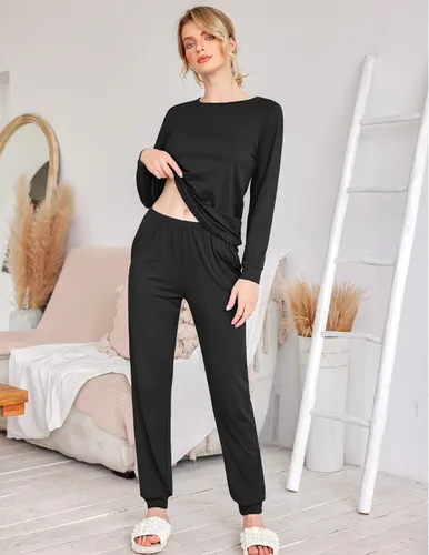 Vista 3 de Ekouaer Conjunto de pijama de manga larga para mujer, ropa de dormir con estampado de estrellas, pijamas suaves con bolsillos