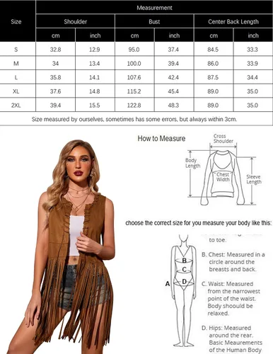 Vista 6 de HOTOUCH Women Fringe Vest 70s Hippie Costume Faux Suede Sleeveless Tassels Cardigan Cowgirl Western Tops