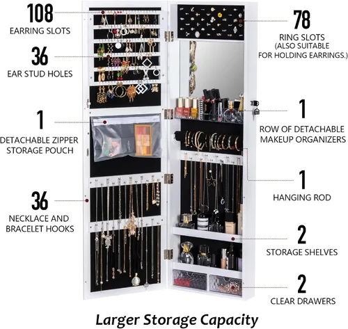 Vista 2 de Lavievert Jewelry Armoire - Armario de joyería con cerradura de 47.2 pulgadas de alto, organizador de exhibición de joyas montado en la paredpuerta