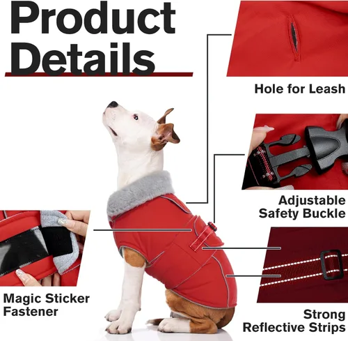 Vista 5 de Lelepet Abrigo cálido para perros – Chaleco reflectante impermeable de vellón con hebilla ajustable de gancho y bucle, chaqueta de invierno Rojo