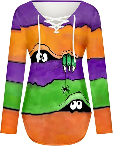 Vista 5 de Camiseta de manga larga con cuello en V para mujer, con estampado de bloques de color, estilo casual, para otoño e invierno