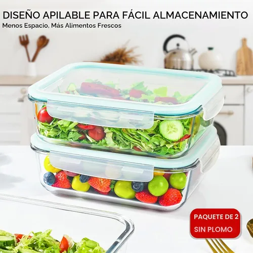 Vista 4 de Paquete de 2 recipientes grandes de vidrio de 78 onzas / 9.8 tazas con tapas, recipientes de preparación de comidas para hornear, servir, recipiente