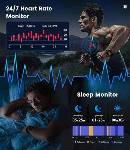 Vista 6 de Relojes inteligentes militares para hombres (responder/hacer llamadas) con linterna LED, batería grande de 530 mAh, monitor de frecuencia