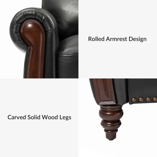 Vista 3 de HULALA HOME Sofá de cuero genuino de 3 plazas, sofá tradicional para sala de estar con patas de madera maciza talladas, color negro