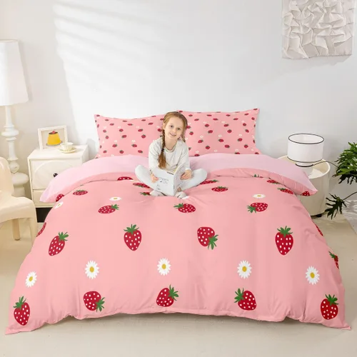 Vista 14 de Erosebridal - Juego de ropa de cama kawaii, juego de funda de edredón con diseño de fresa rosa, para mujeres, niñas y niños, decoración