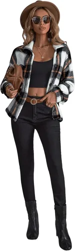 Vista 5 de SOLY HUX Chaqueta de franela a cuadros para mujer, manga larga, con botones, casual, para otoño, color negro, blanco, talla S, Tela a cuadros