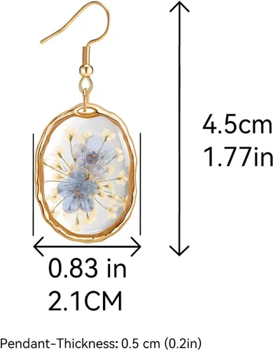 Vista 4 de Pendientes de flores prensadas, hechos a mano, con flores de olvidémino y encaje de la reina Ana, flores silvestres únicas de resina seca, perfectos