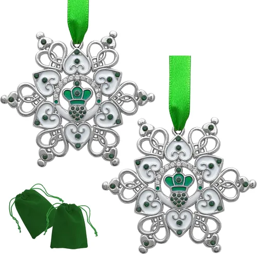 Vista 10 de Adorno de Navidad irlandés – Claddagh – Copo de nieve irlandés – Filigrana de metal y joyas – Bolsa de almacenamiento de regalo incluida mide 3 x 3