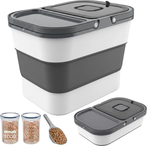 Vista 8 de HOYTAMDAR Recipiente para almacenamiento de alimentos para perros de 25-28 libras, recipiente plegable para alimentos de perro, ruedas, asa