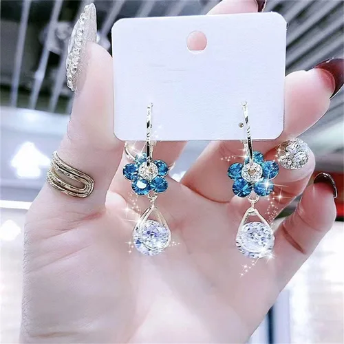 Vista 5 de Aretes de flores azules de calidad, diseño especial, aretes de gota de agua, aretes de flores de calidad, aretes retro extranjeros únicos, aretes