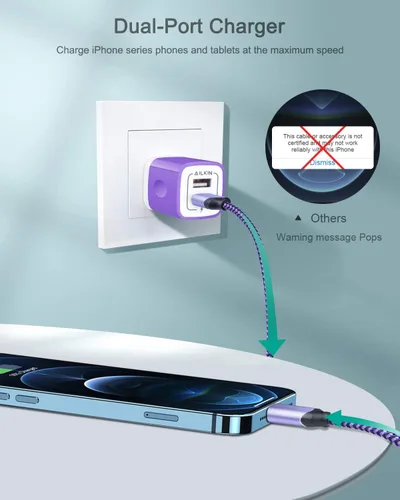 Vista 37 de AILKIN - Cargadores para iPhone con certificación MFI, cable Lightning trenzado de 6 pies de largo USB Wall Charger, Fast Charging Power Cord Plug