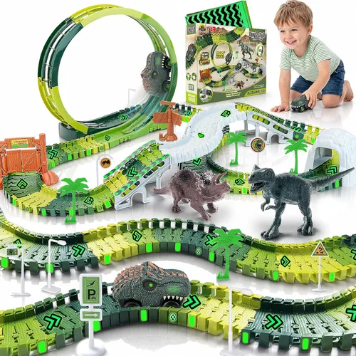 Vista 10 de 157 pistas de carreras de construcción para niños, juego de juguetes mágicos que brillan en la oscuridad con rampa de bucle de 360°, 1 auto