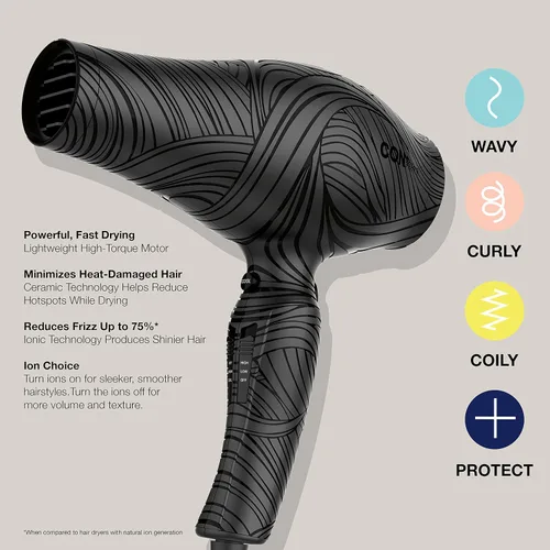 Vista 2 de Conair The Curl Collective - Secador de pelo de cerámica iónico de 1875 W, negro, 18 pulgadas