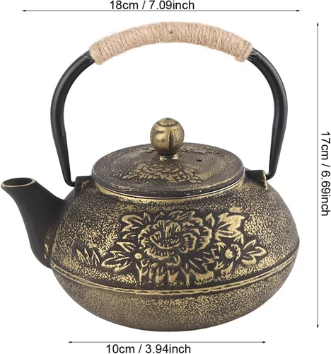 Vista 2 de Tetera de hierro fundido de 30.4 fl oz con infusor, estilo japonés, apta para estufa, color negro + dorado