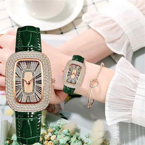 Vista 2 de CdyBox Popular reloj de diamante PU pulsera de cuero mujeres moda cuarzo reloj 4 paquete
