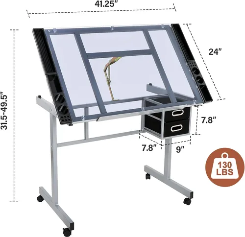 Vista 3 de LEMY Mesa de dibujo ajustable inclinable, escritorio de dibujo para artistas con cajones de almacenamiento y ruedas deslizantes, estación