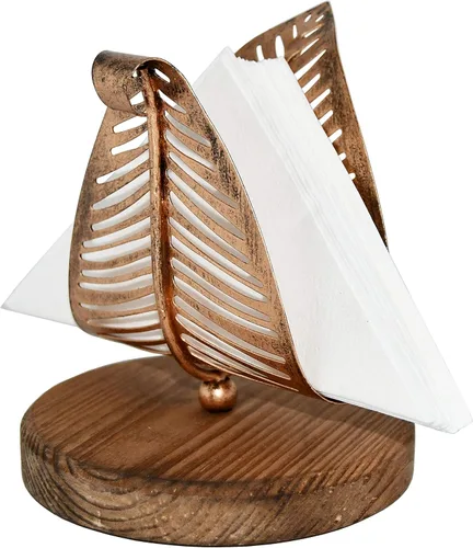 Vista 3 de OwlGift Servilletero moderno independiente con hoja de metal de bronce y diseño de base de madera marrón, dispensador de pañuelos de mesa