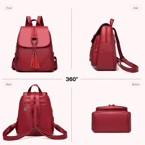 Vista 6 de FANDARE Mochila vintage para mujer con borla, mochila de cuero PU para mujer, Negro, Grande