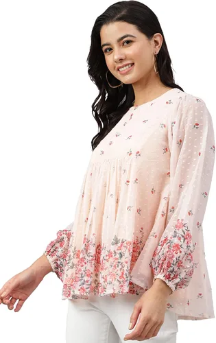 Vista 3 de Janasya Top acampanado con estampado floral Peach Georgette para mujer