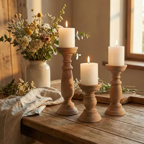 Vista 2 de Juego de 3 portavelas de pilar de madera rústica de 12, 9 y 6 pulgadas, soporte de velas de madera estilo granja para centros de mesa, candelabros