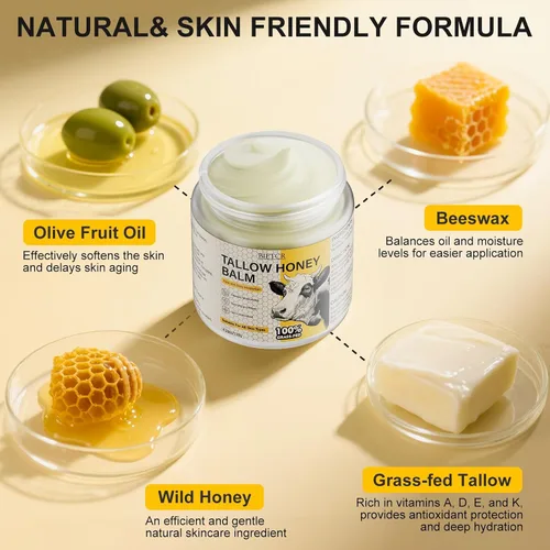 Vista 3 de Sarga de carne orgánica alimentada con pasto para piel, cuerpo, crema hidratante facial para eczema, bálsamo labial, bálsamo de miel de sebo batido
