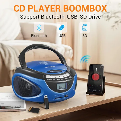 Vista 4 de Gelielim Reproductor de CD Boombox portátil, reproductores de CD de carga superior para el hogar con Bluetooth, radio estéreo AM FM, compatible