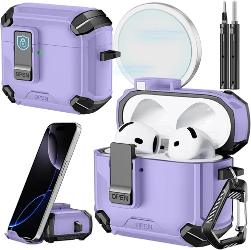 Vista 17 de Inesore Funda para AirPods Pro 1ª/2ª con bloqueo seguro (verde oscuro) Cubierta magnética de bloqueo automático con soporte para teléfono y kit