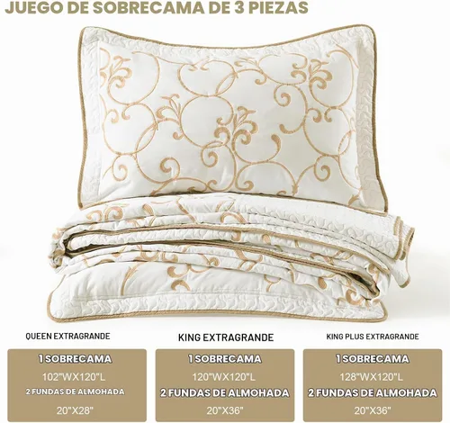 Vista 6 de Juego de cubrecama de gran tamaño de 100% algodón, 120"x102" extra grande para cama Queen, con fundas de almohada, ropa de cama bordada ligera de 3