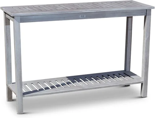 Vista 8 de DTY Outdoor Living Mesa consola de madera de eucalipto, dos estantes para exteriores, acabado marrón resistente a la intemperie