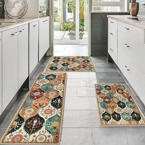 Vista 5 de Falflor Juego de 3 tapetes de cocina con diseño de enrejado marroquí, lavables, antideslizantes, tapetes de cocina suaves para piso, patrón floral