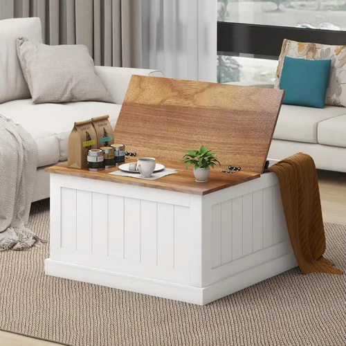 Vista 8 de Mesa de centro de granja, mesas centrales rectangulares de madera de 42 pulgadas con base gruesa, modernos muebles de té de cóctel bajos para sala