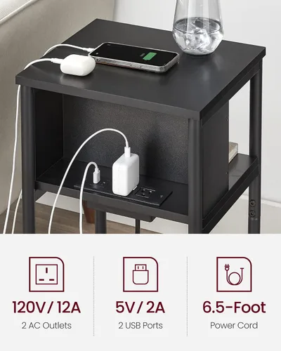 Vista 5 de VASAGLE Mesa auxiliar con estación de carga, mesa auxiliar de 3 niveles con puertos USB y tomas, mesita de noche para sala de estar, dormitorio