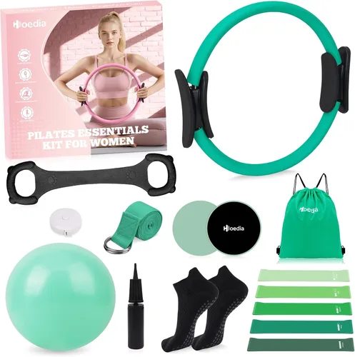 Vista 14 de Hoedia Kit de Pilates de 17 Piezas para Mujeres, Equipo de Pilates Anillo y Pelota Set con Bandas de Resistencia, Correa de Yoga, Deslizadores