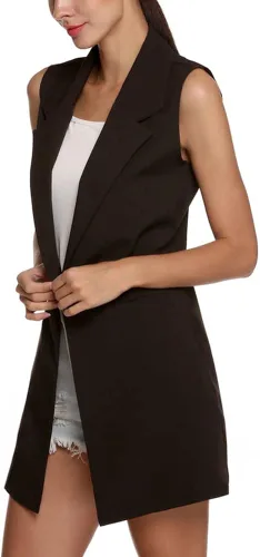 Vista 2 de chouyatou Chaleco largo sin mangas con cuello de solapa para mujer, estilo casual, con parte delantera abierta