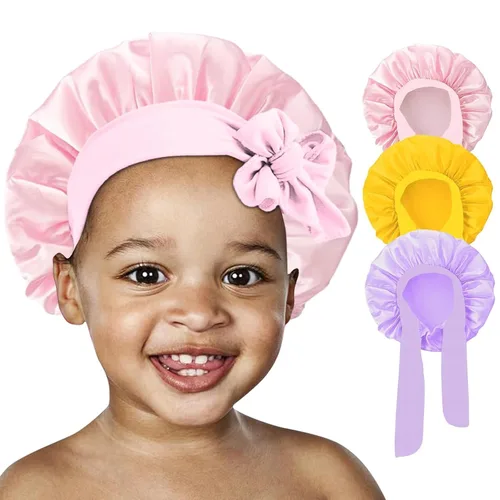 Vista 10 de 3 Piezas Gorros de Seda para Niños para Dormir - Gorro de Satén para Bebé para Dormir, Gorros de Cabello para Niños para Cabello Rizado Niñas Niños