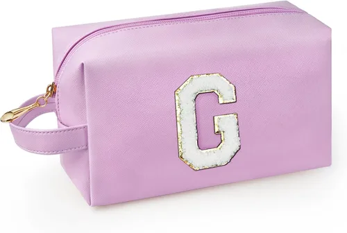 Vista 34 de Bolsa de maquillaje personalizada con inicial con asa, bolsa de cosméticos de preparación con bolsillo interior con cremallera, 8, 9, 10, 11, 12 Rosa