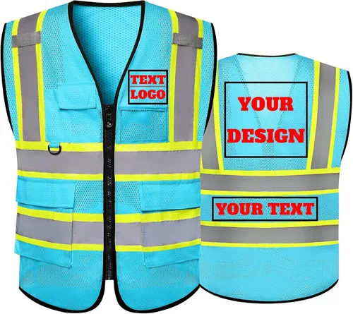 Vista 15 de Chaleco de seguridad reflectante de malla con logotipo personalizado Clase 2 con 5 bolsillos y cremallera