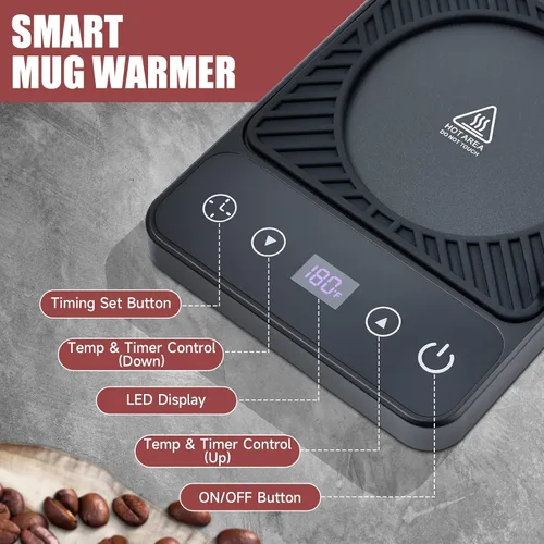 Vista 5 de Calentador de tazas – Calentador eléctrico de taza de café con temporizador, calentador de taza de café para escritorio apagado automático, control