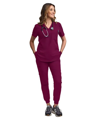 Vista 6 de Green Town - Conjunto de ropa quirúrgica para mujer, pantalón jogger y camiseta con cuello en V, 5 bolsillos, banda de yoga, uniforme de enfermería