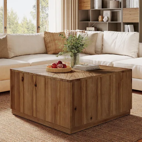 Vista 3 de Mesa auxiliar cuadrada de 31.5 pulgadas para sala de estar, mesa de cóctel central de madera maciza con parte superior de parquet, fácil montaje