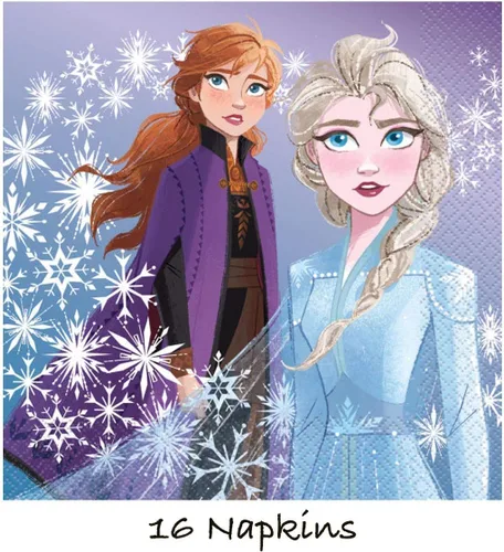 Vista 2 de Set de suministros para fiestas de Frozen 2 , sirve para 16, incluye decoración de pancarta y mantel, platos grandes, servilletas, tazas y velas