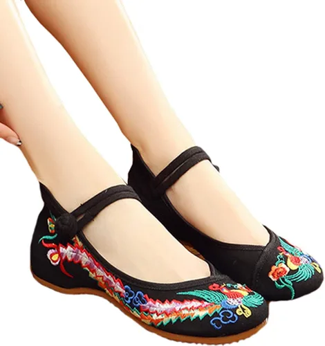 Vista 2 de Zapatos chinos para las mujeres bordados zapatos planos zapatos mujeres negro rojo asiático tradicional chica Mary Jane Ballet Yoga Zapatos suela
