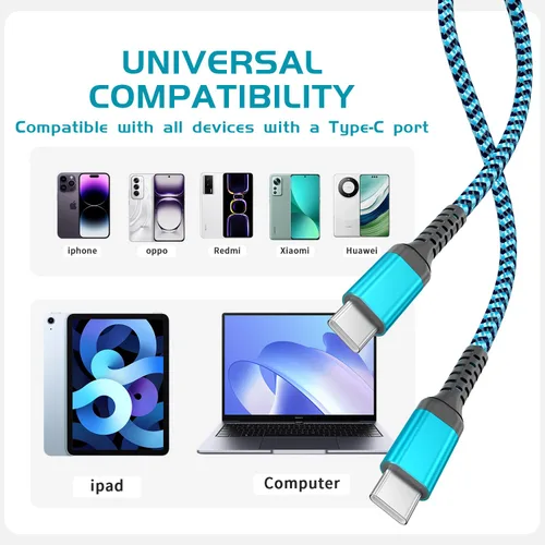 Vista 7 de QQLIKE - Cable USB C a USB C de 60 W, paquete de 3 [3/6/10 pies] C a C cable de carga rápida 60W PD Nylon Braided Cable Fast Charging for Phones